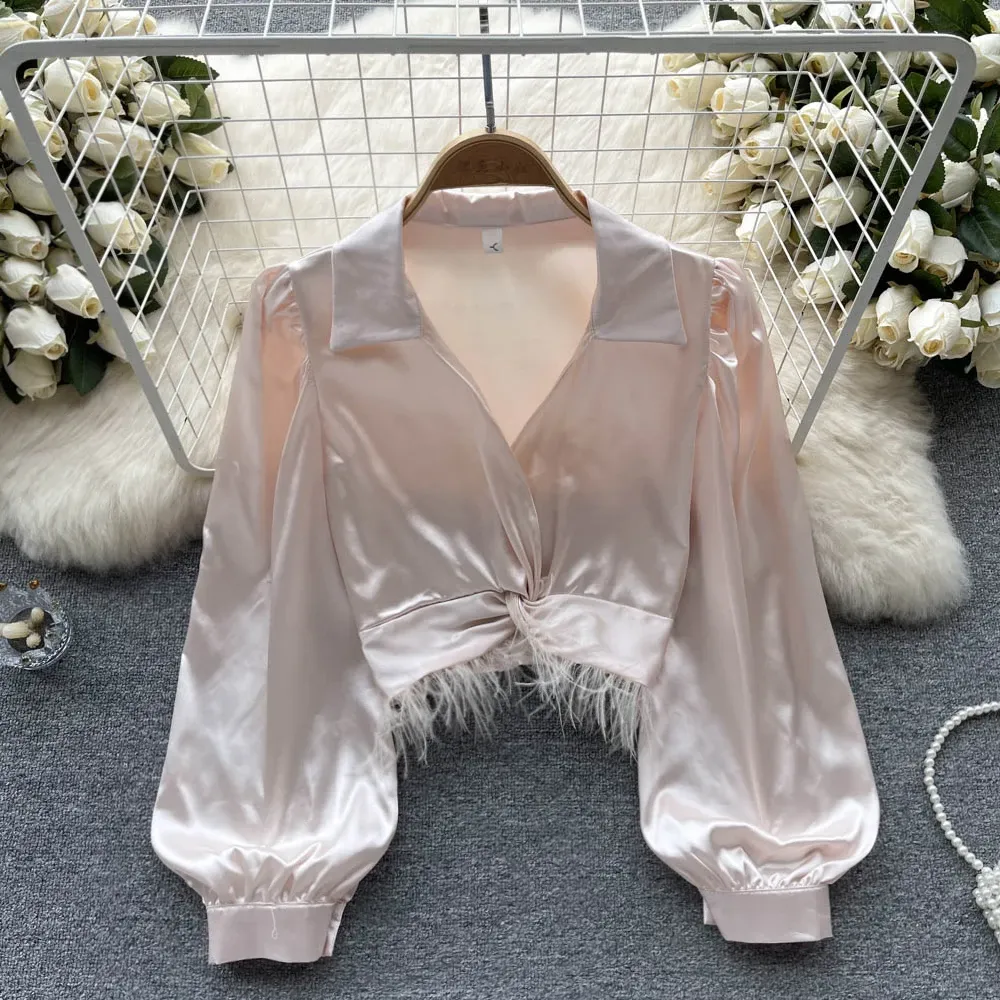 Skjorta elegant satin fluffiga tofsar långärmad blus chic vintage koreansk mode skörd topp kvinnor vår sommar tröjor gotiska kläder