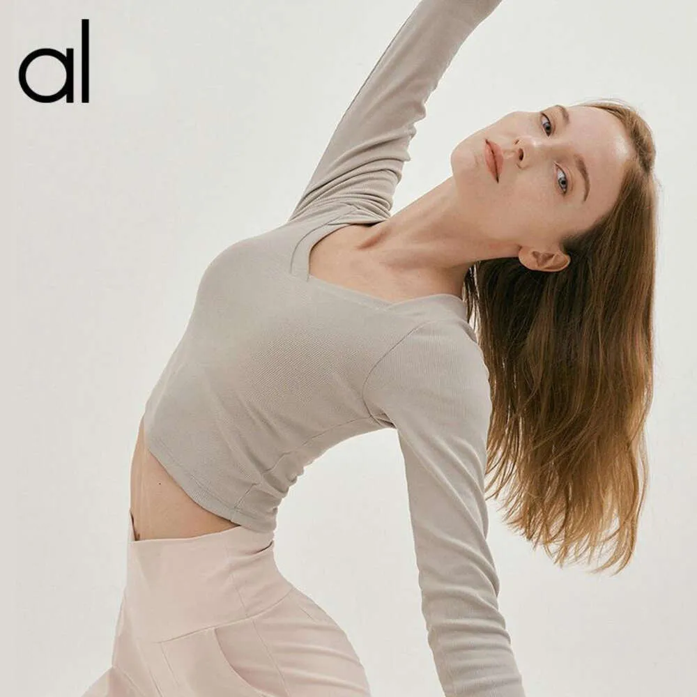 AL-36 T-shirt da yoga a maniche lunghe da YOGA da donna con fondo a righe con fondo a righe slim fit con scollo a V semplice camicia da fitness sportiva in tinta unita