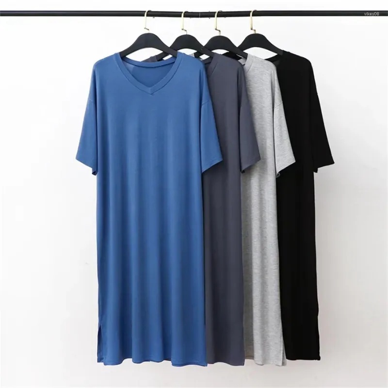 Men's Sleepwear 2024 Modal Pajamas Robe Home Clothes Short Sleev V-neck One-piece Nightgown Summer Solid Loose Bathrobe