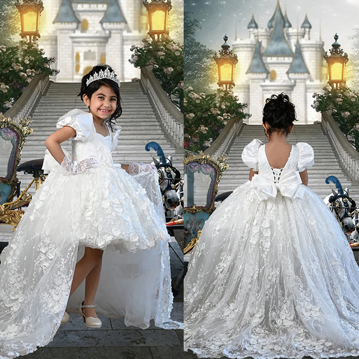 Robes à fleurs blanches pour filles, avec des Appliques florales 3D, robes de concours bouffantes à lacets dans le dos, robe de fête d'anniversaire pour enfants