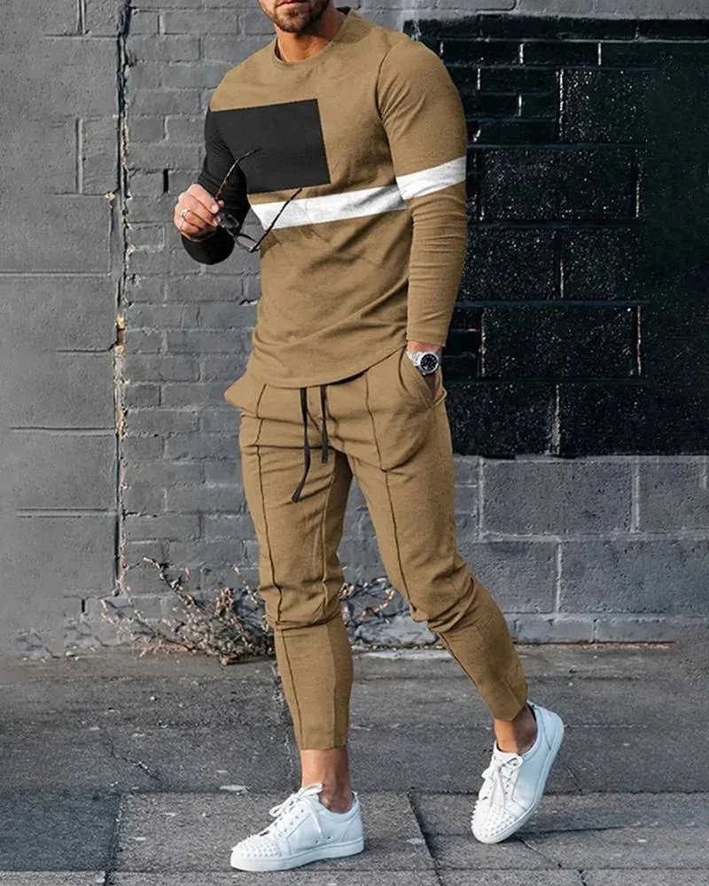 Summer Fashion Tracksuit Set for Men 3D Print Long Sleeve T Shirt Trousers 2 Piece Outfit Sweatpant Sport Sport Overdimensionerade kläder 240219