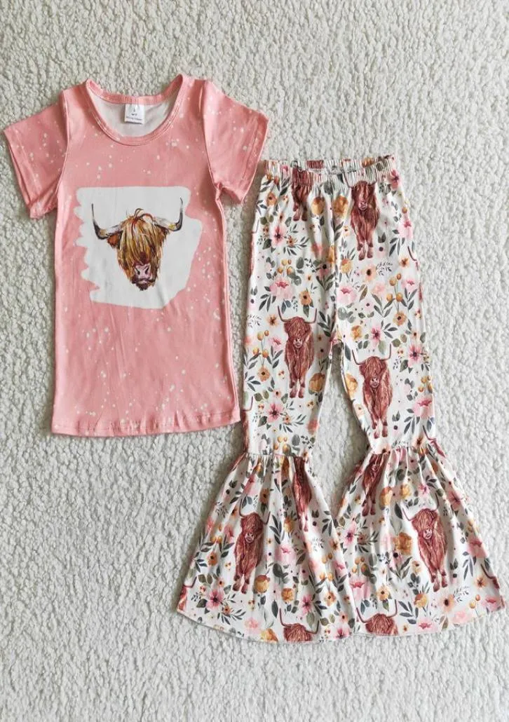 Whole Baby Girl Clothes Sets Boutique Kids Outfits Western Style Fashion Girls Short Sleeve Bell Bottom Outfit Spring Kid Chil5573600