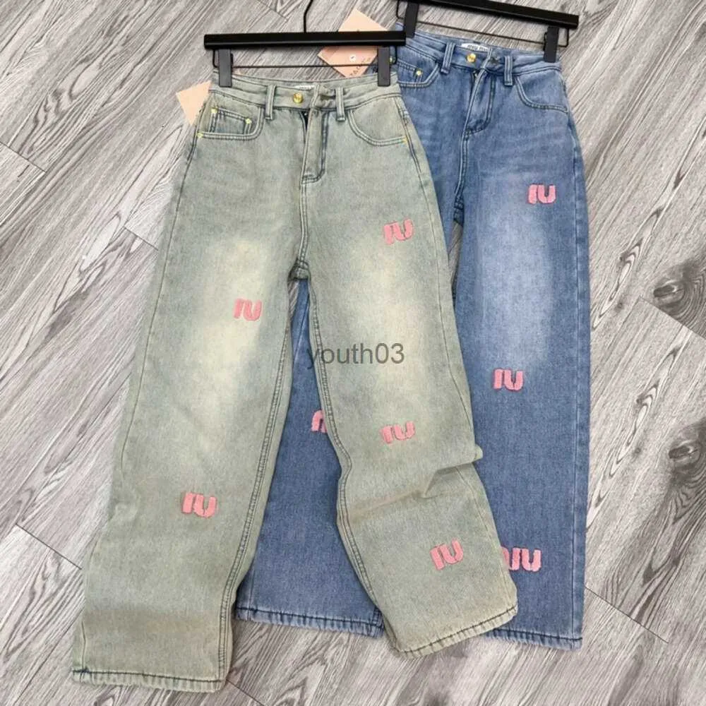 Damesjeans kwaliteit Herfst jeans fashiona roze tandenborstel letter denim broek designer pluche Denim 240304