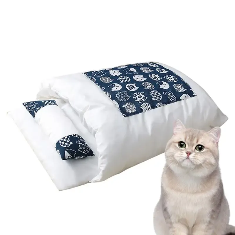 Tapis lit pour chat hiver amovible chaud semi-fermé sac de couchage pour animaux de compagnie lit pour chien maison chats nid coussin avec oreiller