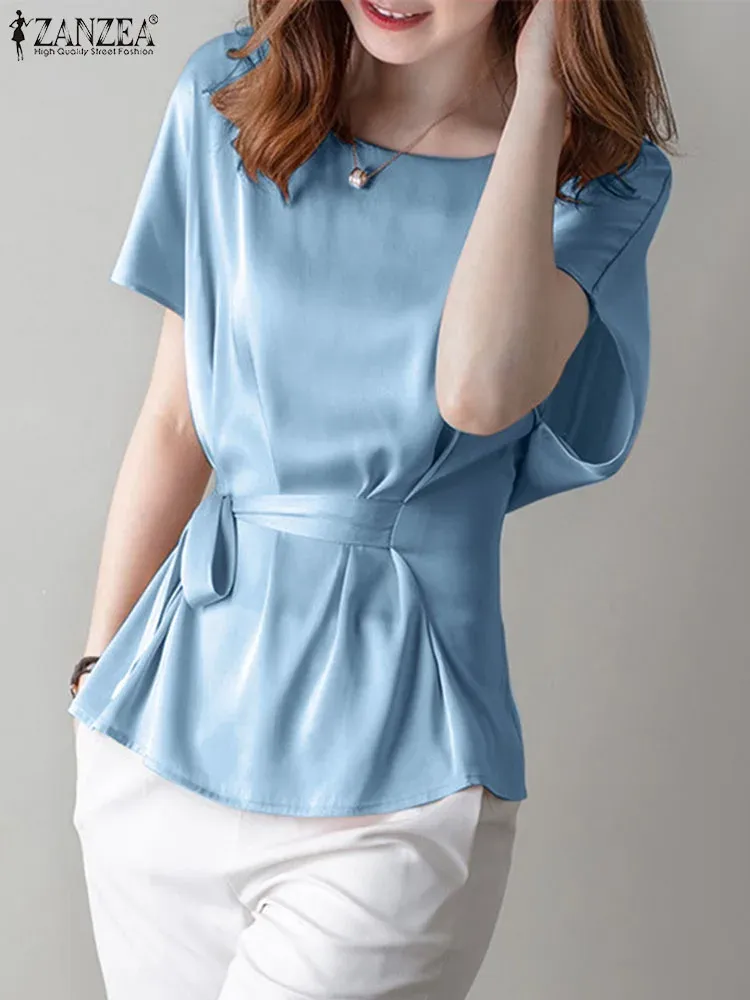 Bluz Zanzea Kadın Kısa Kollu Yaz Blusas Moda Saten Bluzlar Günlük Zarif Belli Bel Yuvarlak Boyun Üstleri Mavi Gömlekler