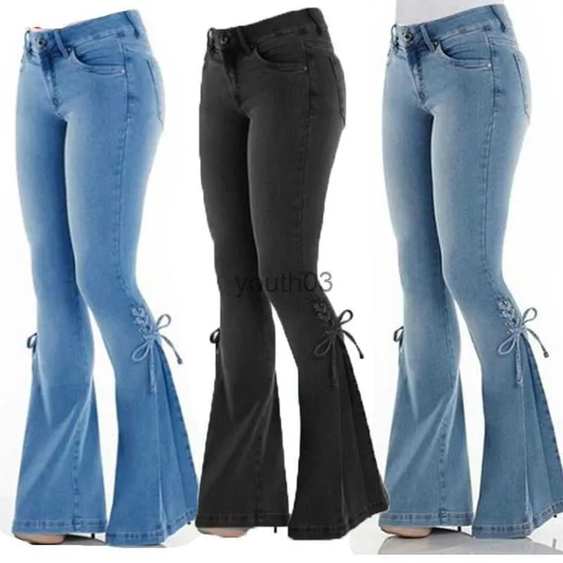 Vaqueros de mujer, vaqueros de talla grande, cintura vaquera elástica, pantalones largos de pierna azul claro de gran tamaño 240304