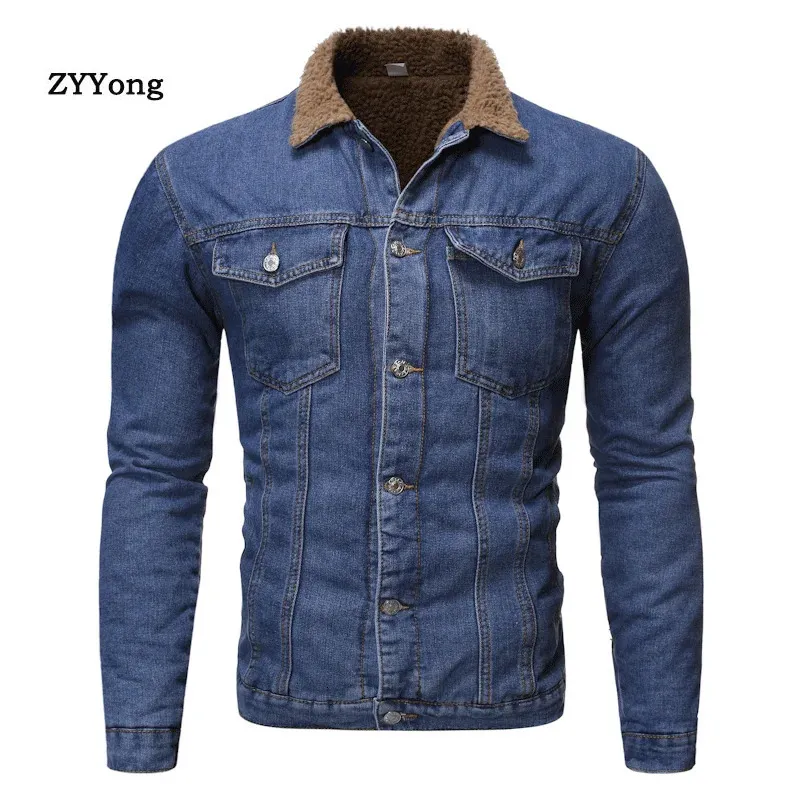 Men Light Blue Winter Jean Jackets Outerwear Warm Denim Coats Men Blue Wool Liner Thicker Winter Denim Jackets Size S-XXL240304