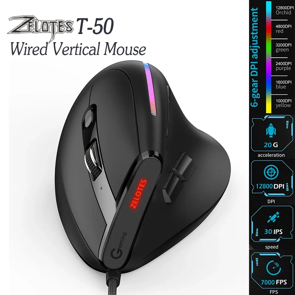 Ratones ZELOTES T50 Ratón óptico para juegos RGB vertical con cable 9 botones 12800 DPI ajustable para PC Computadora portátil Computadora portátil