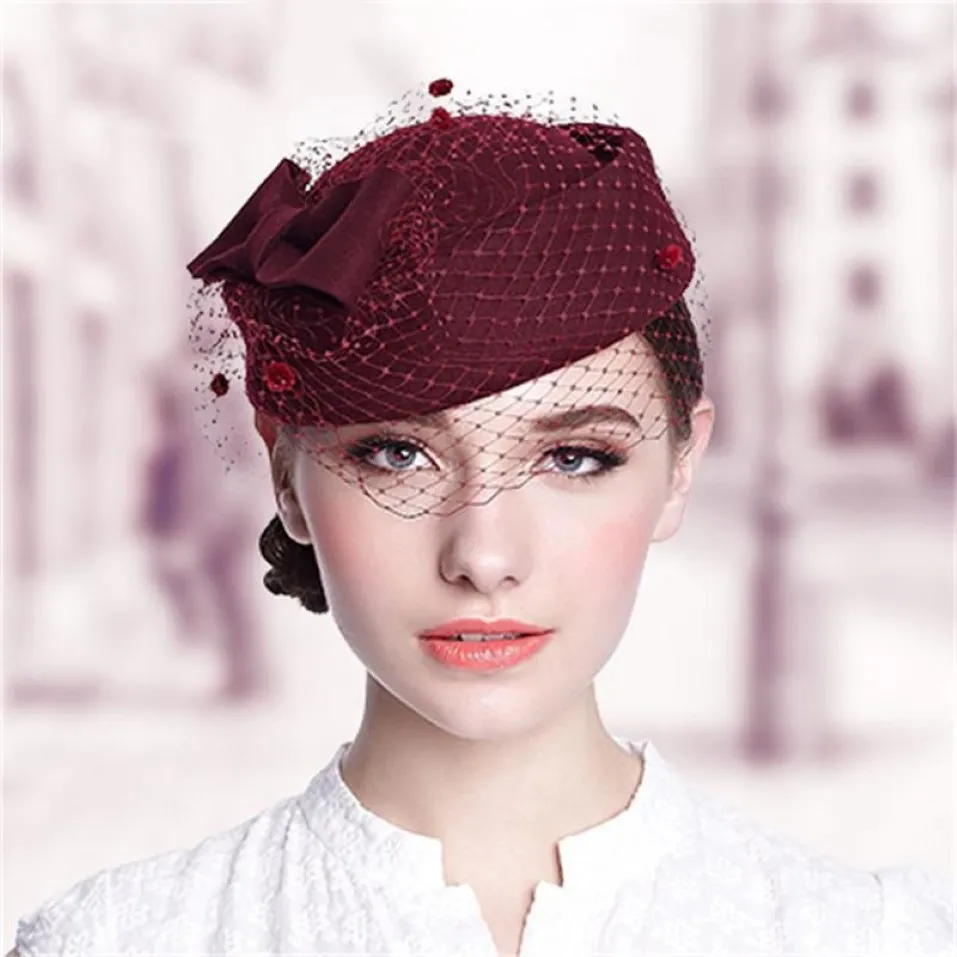 Bérets casquettes pour femmes mariée élégante laine gaze arc hôtesse de l'air blanc femmes Fedora casquettes formelle dame chapeau Royal Style328P