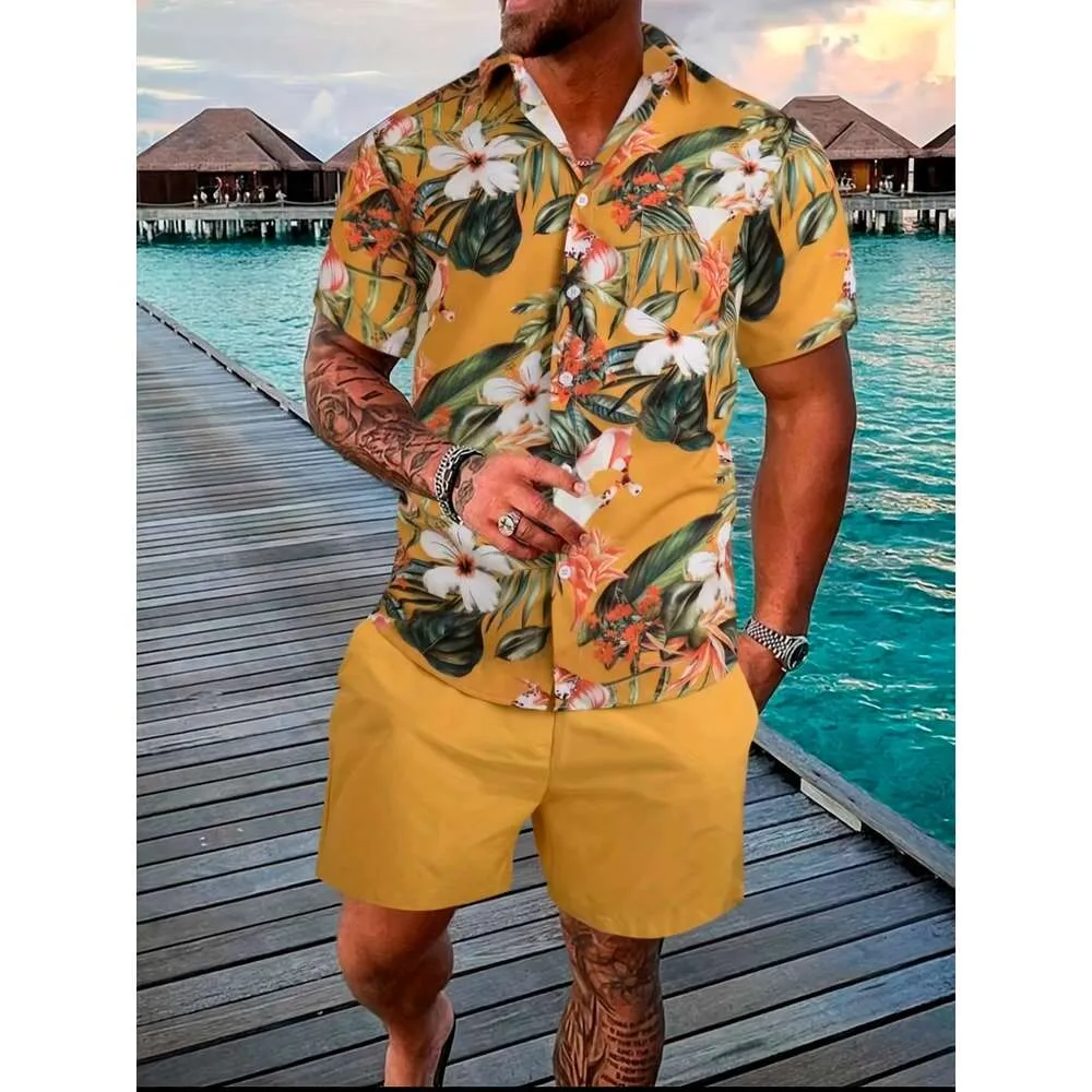 2024 Zomer Sets Print Revers Korte Mouw Casual Shirt Strand Shorts Streetwear Vakantie Hawaiiaanse Pakken Mannen Cothing