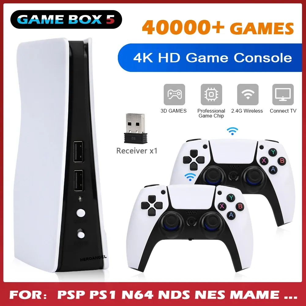 콘솔 새로운 업그레이드 GB5 비디오 게임 콘솔 64GB/128GB 40000 무료 게임 HD TV 게임 박스 5 PS1/PSP/MAME 게임 스틱 용 2 개의 게임 패드