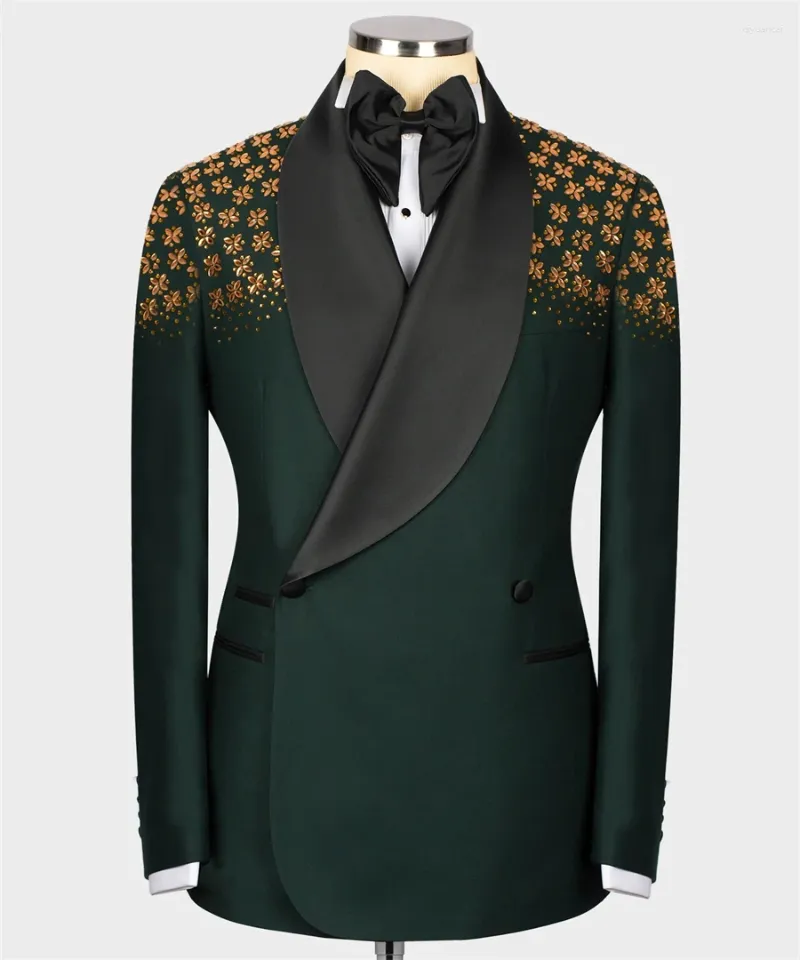 Ternos masculinos verde escuro, smoking com gola de cetim cristal, 2 peças, blazer, festa formal, negócios, terno elegante para homens