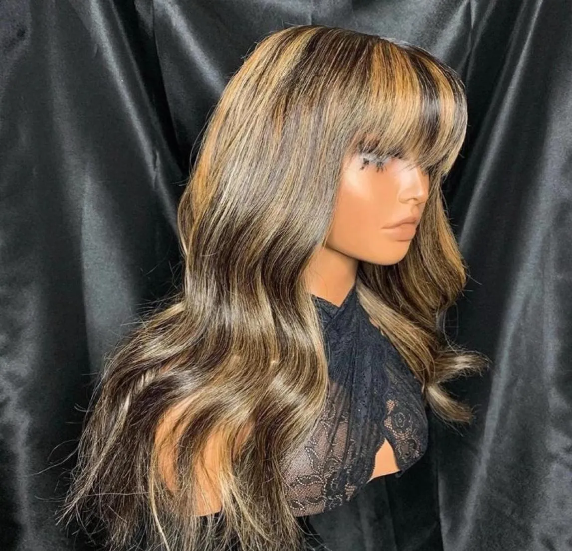 Höjdpunkter Wave Full Lace Human Hair Wigs With Bangs Natural Hairline 360 ​​Frontal Brazilian Remy Blonde 13x6 Transparent snören FRO4204988