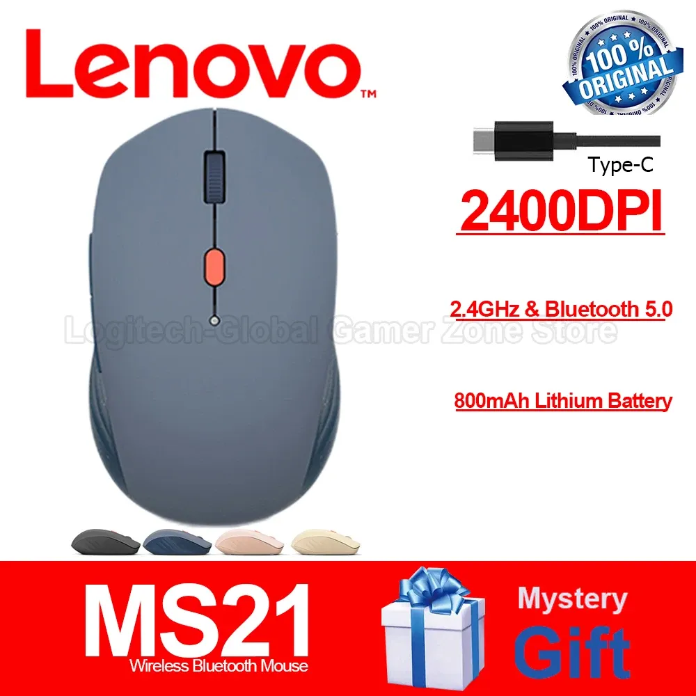 Muizen Lenovo MS21 draadloze muis met 2400 DPI Bluetooth 5.0 Dual Mode-schakelaar Stille knop 800 mAh lithiumbatterij voor Windows mac OS