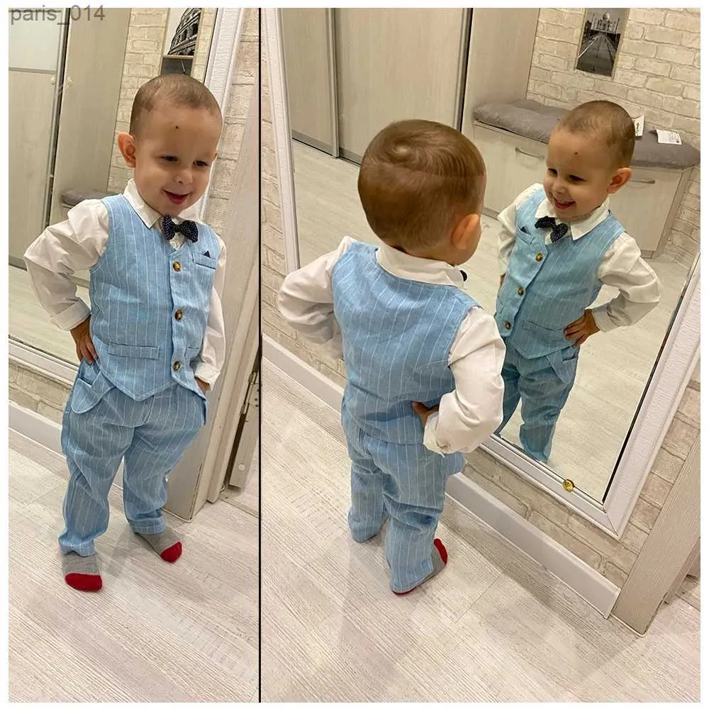 Suits 2022 Baby boy gentleman pak peuter vlinderdas wit shirt vest+broek streep sets 3 stcs formele verjaardag bruiloft kinderfeestkleding