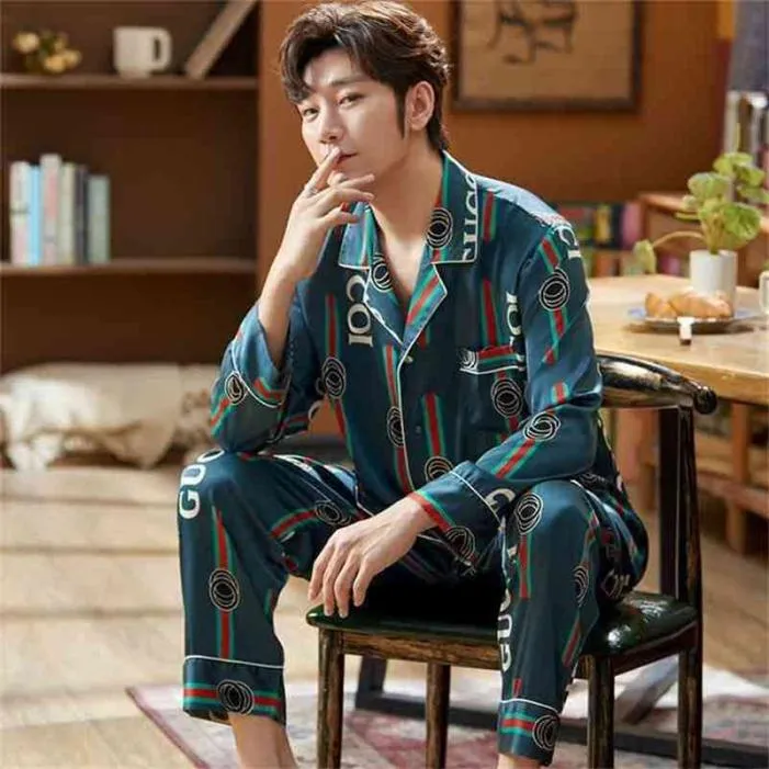 Роскошный брендовый мужской шелковый атласный пижамный комплект с длинными рукавами, пижама, осенне-весенняя домашняя одежда, большие размеры L5XL 2109017929039
