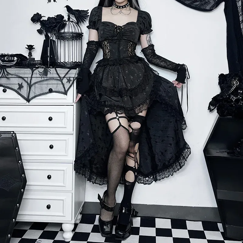 Suits Goth Dark Victorian Gothic Elegant Women kjol Two Piece Set Grunge Sexig Puff Sleeve Shirring Bluses Jacquard spets trim kjolar