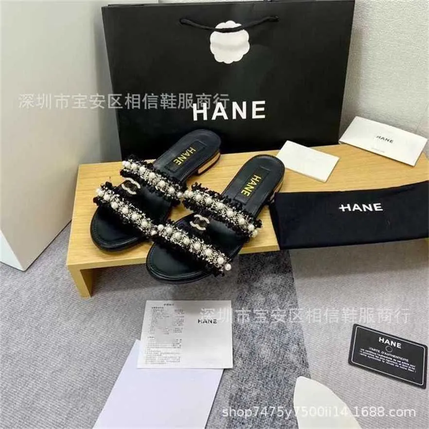 Sports shoes 2024 Xiaoxiang C High Edition New Summer Hemp Pearl Slippers One Step Fashion Genuine Leather Flat Bottom Beach Girl