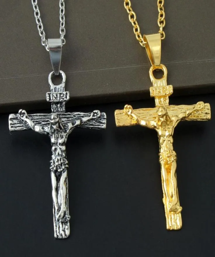 Cruz colar crucifixo jesus peça pingente cor ouro aço inoxidável corrente masculina jóias católicas presentes de natal6020638