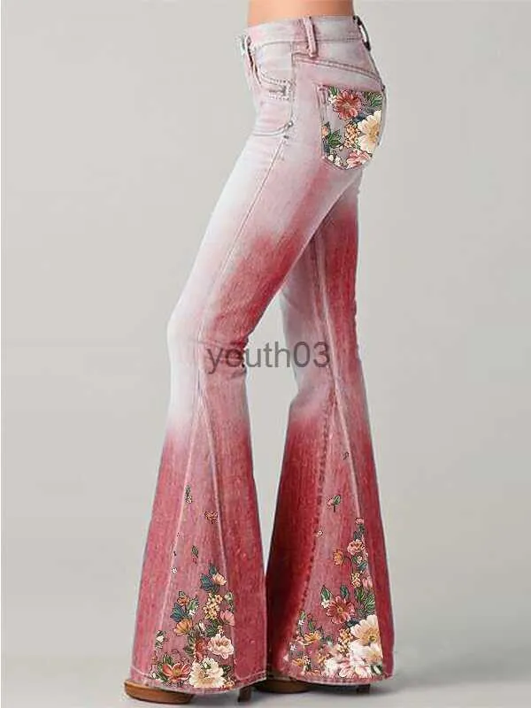 Damesjeans Lente Nieuwe Mode Jeans Gradiëntbloem Imitatie Denim Bell Bottoms Taille Lange Plus Size Broek H0908 240304