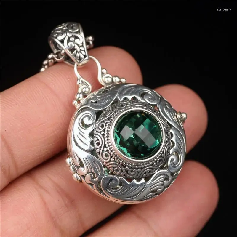 Pendant Necklaces Opening Hand Engraving Silver Color Hollow Green Zircon Box Necklace DIY Aromatherapy Tablets Charm Jewelry Gifts