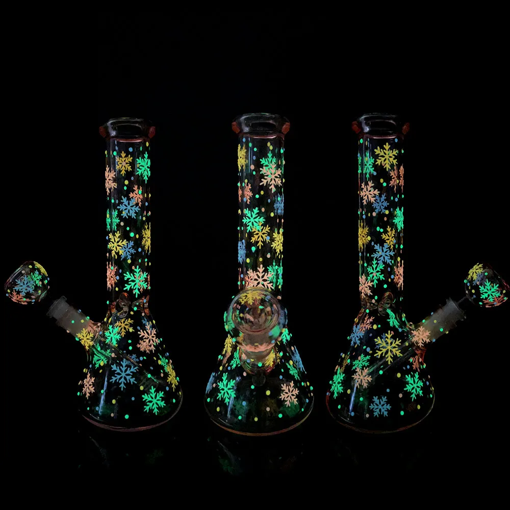 10in,Borosilicate Glass Water Pipe,Pink Glass Bottle With Colorful Luminous Snowflake,Glow In Dark,Cute Cartoon Glass Bongs,Glass Hookah,Hand Painted