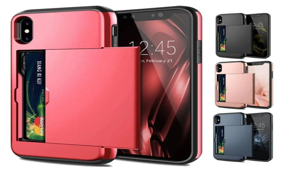 Slot Holder Cover för iPhone 11 Pro Max 8 7 6s Plus XS Max XR Card Armor Slide Card Case för Samsung S20 Ultra S9 S8 Plus S7 S10 N4825172