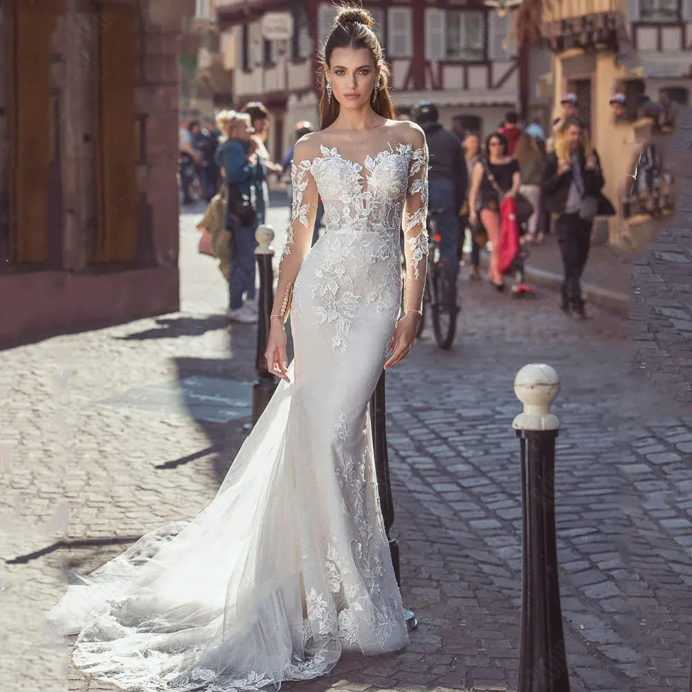 Sexy Mermaid Wedding Dresses 2024, Long Sleeve Lace Appliques Sheer Neck Court Train Charming Boho Beach Bridal Gowns