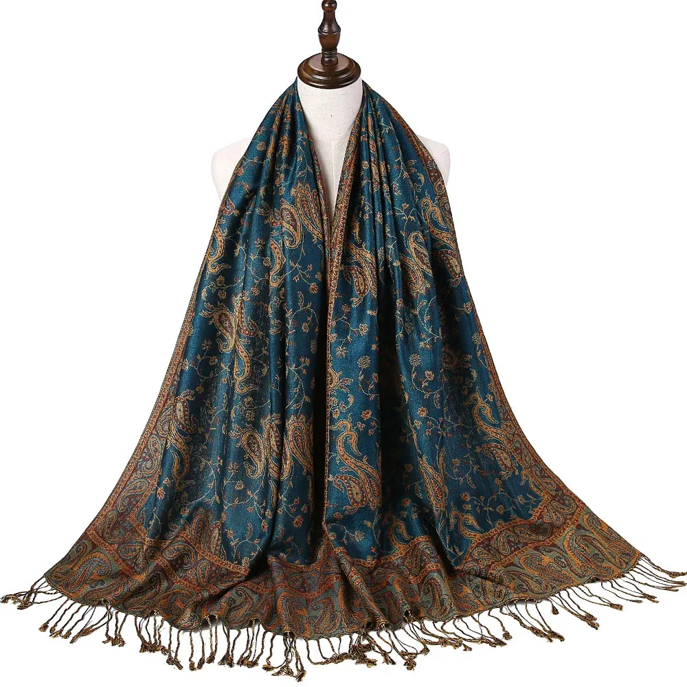 Pashmina Zijden Sjaal Wrap Paisley Jacquard Bloemen Grenzen Rave 2 Lagen Omkeerbare Klassieke Kwasten Voor Dames 70X180cm 200g 240227