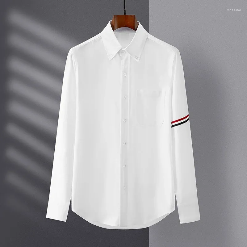 Men's Dress Shirts Korean Clothing Casual Solid Oxford White Shirt Single Patch Pocket Long Sleeve Regular-fit Button-down Thick