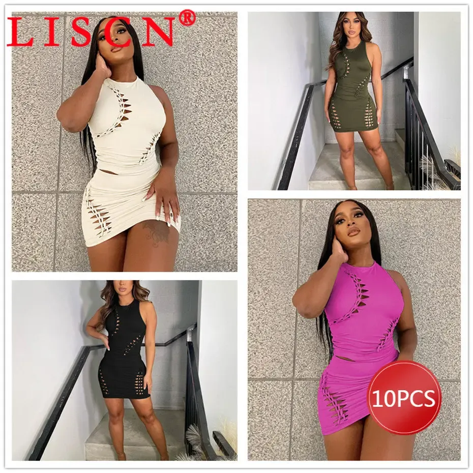 Costumes 10 articles en vrac Lots de vente en gros Ensembles de robe T-shirt sans manches d'été et mini-jupe évider Ensemble deux pièces Tenues pour femmes K11731