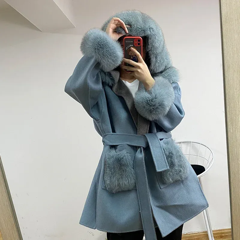 Blends Famous Style Big real fur pockets Real Cashmere wool Coat Hoodie ladies natural fox fur Coats outwear