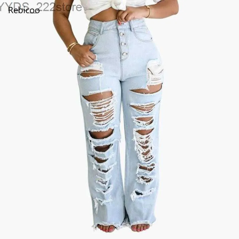 Jeans mit hoher Taille, zerfetzte Lochkanten, gerade Hose, Distressed Boyfriend-Jeans mit Rissen 240304