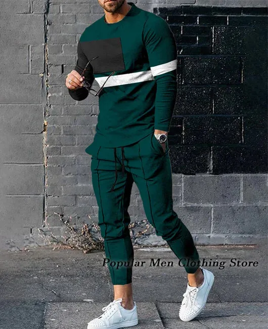 Spring Mens Trade Cresuit Set 3D Printed Solid Color Jogger Sportswear Повседневная длинные рукава T -рубашки.