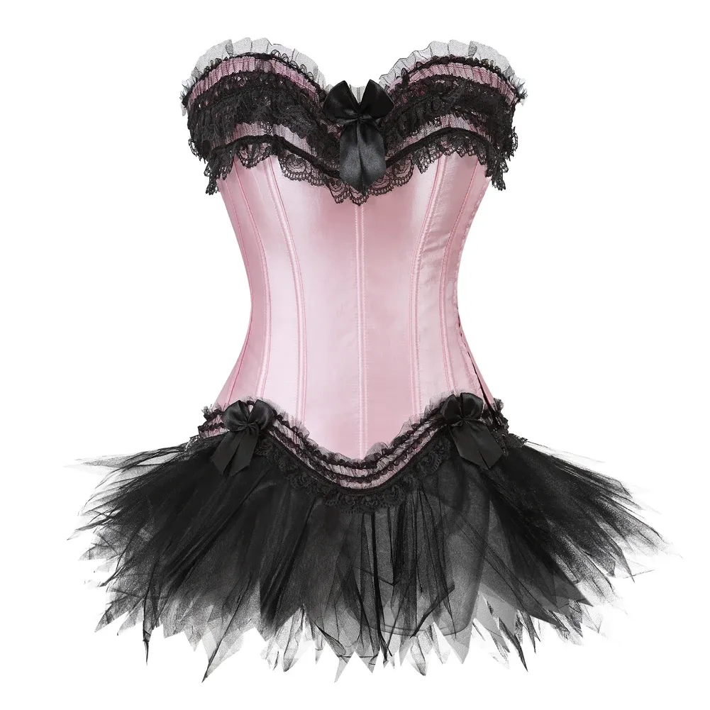 Klänningar vintage spets korsett klänning kvinnor sexig satin korsett topp burlesque bustier mini tutu kjol klubbkläder fest kostym kostym plus storlek