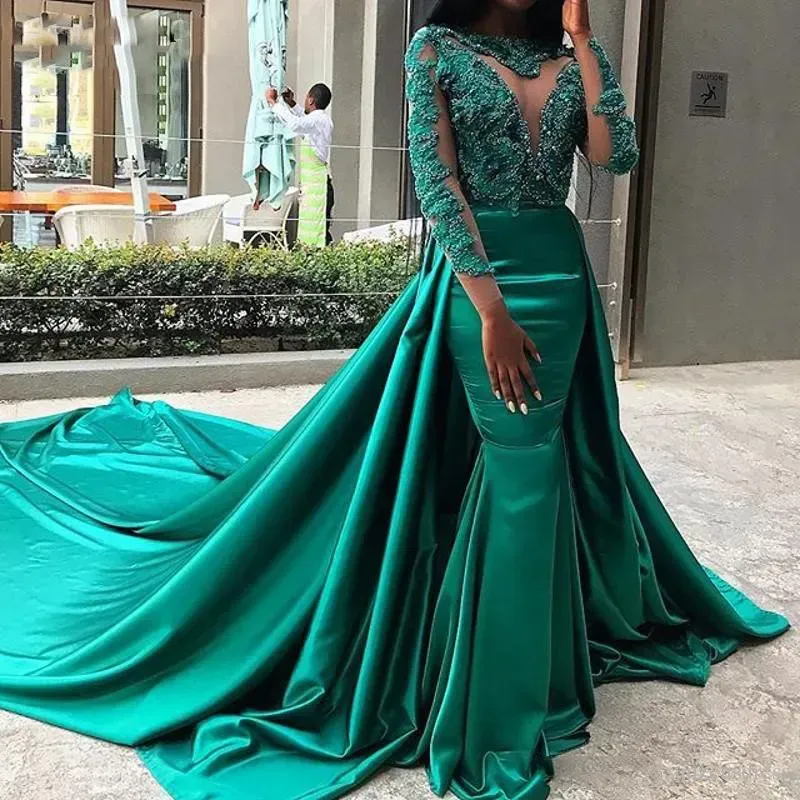 Dark Green Evening Dresses With Detachable Train Sexy Mermaid Sheer Long Sleeves Appliques Beads Prom Dressarabic Dubai Celebrity Formal Gowns Wears