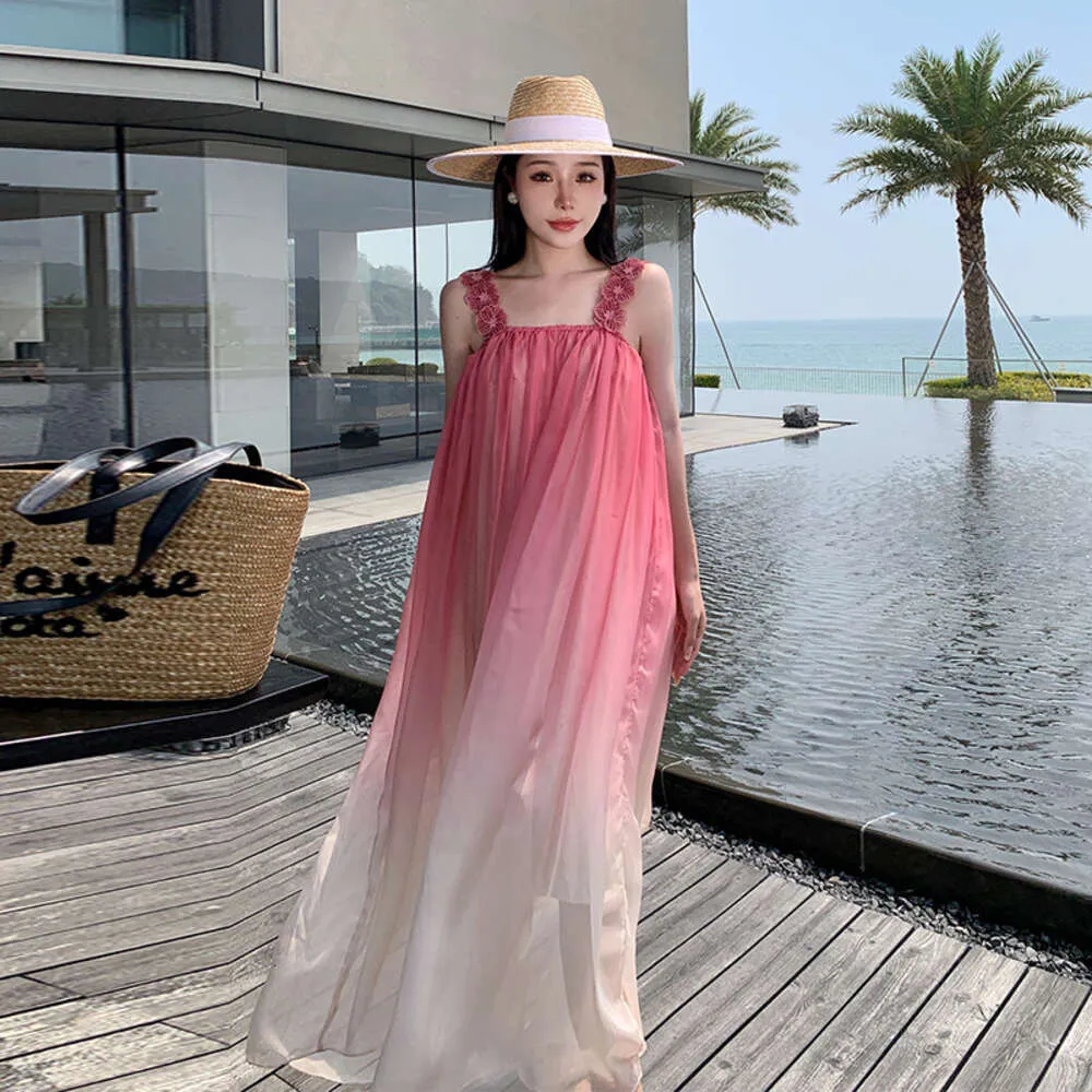 Sanya Vacation Photo Beach 2023 Gonna Beach Pink Sling Chiffon Dress Super Immortal Big Swing GonnaMVT2