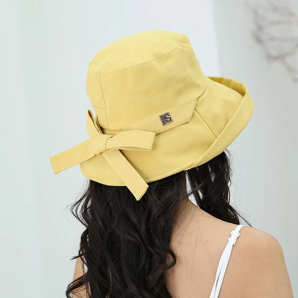 Lente Zomer Vrouwen Brede Rand Zonnescherm Katoen Visser Emmer Hoeden Strik Decor Dames Effen Opvouwbare Toerisme Hoed Sunhat264P