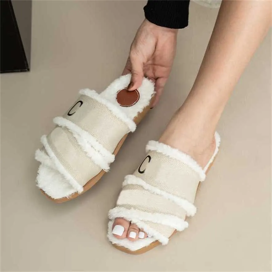 Sportschoenen 2024 Slides Hot Selling Herfst/Winter Brief Platte Bodem Pluche Slippers Canvas Lint Damesschoenen