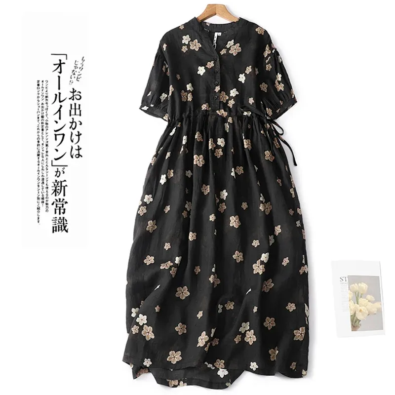 Dress Tie waist casual printed dresses women's summer new fashion commuter elegant retro midlength Vneck black floral dresses