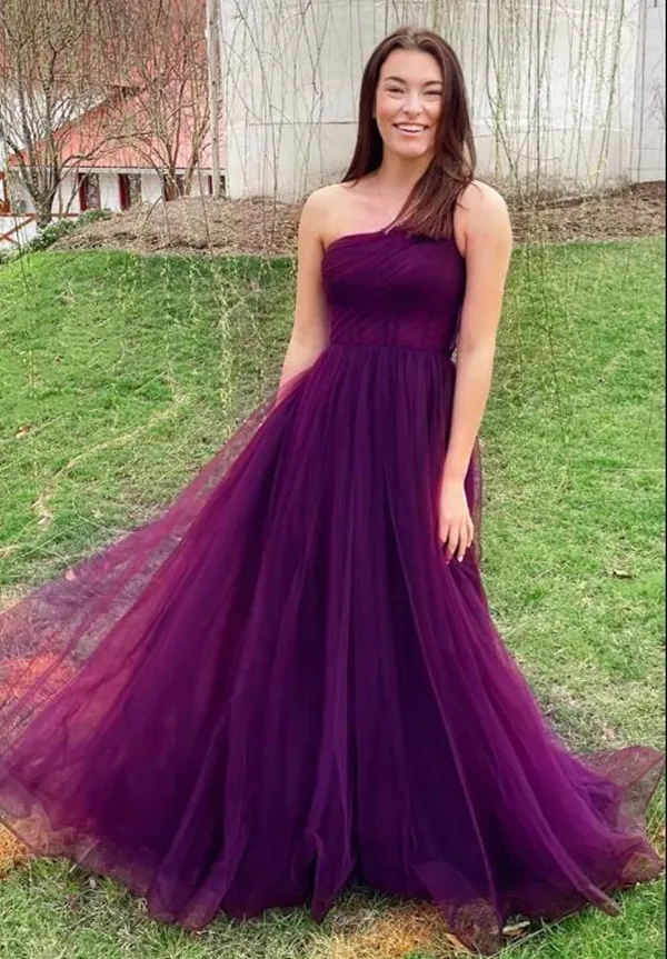 Robe de soirée longue violette romantique, robe de soirée trapèze, décolleté asymétrique, robes de concours, fermeture éclair