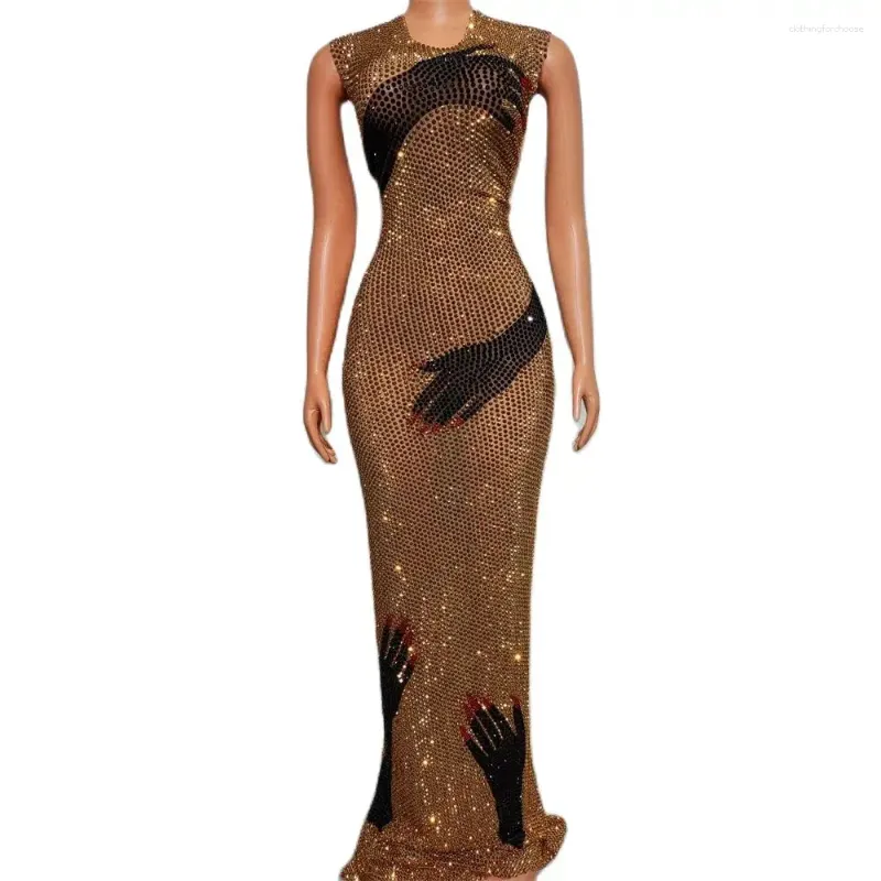 Bühnenbekleidung Performance Kleid Schwarz Hand Langes Nachtclub DJ Bar weibliche Sänger Full Diamond Printed Mesh Dance Team Grand Show