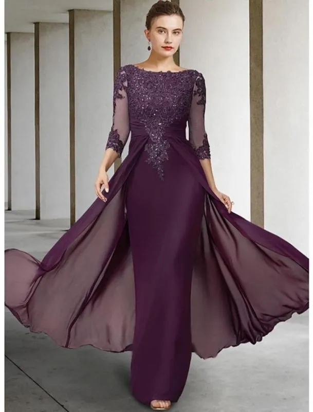 2023 Purple Vintage Purple Mother of Bride Dress Jewel paljetter Applicques ärmar Godmother Wedding Party GOWNS5910979