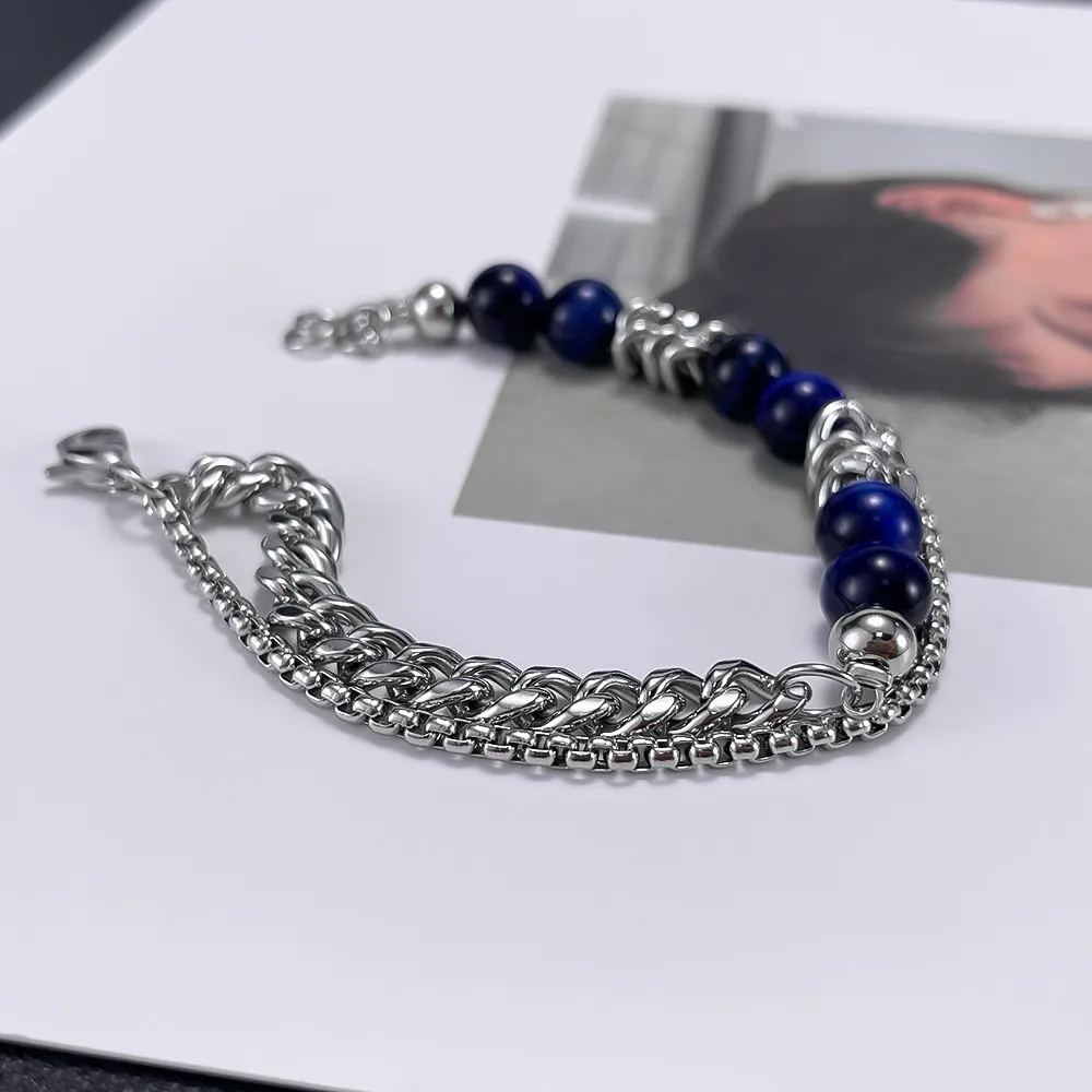 Bracciale con perline occhio di tigre blu in acciaio inossidabile argento Bracciale con catena a strati multistrato donna Regali da uomo n1501