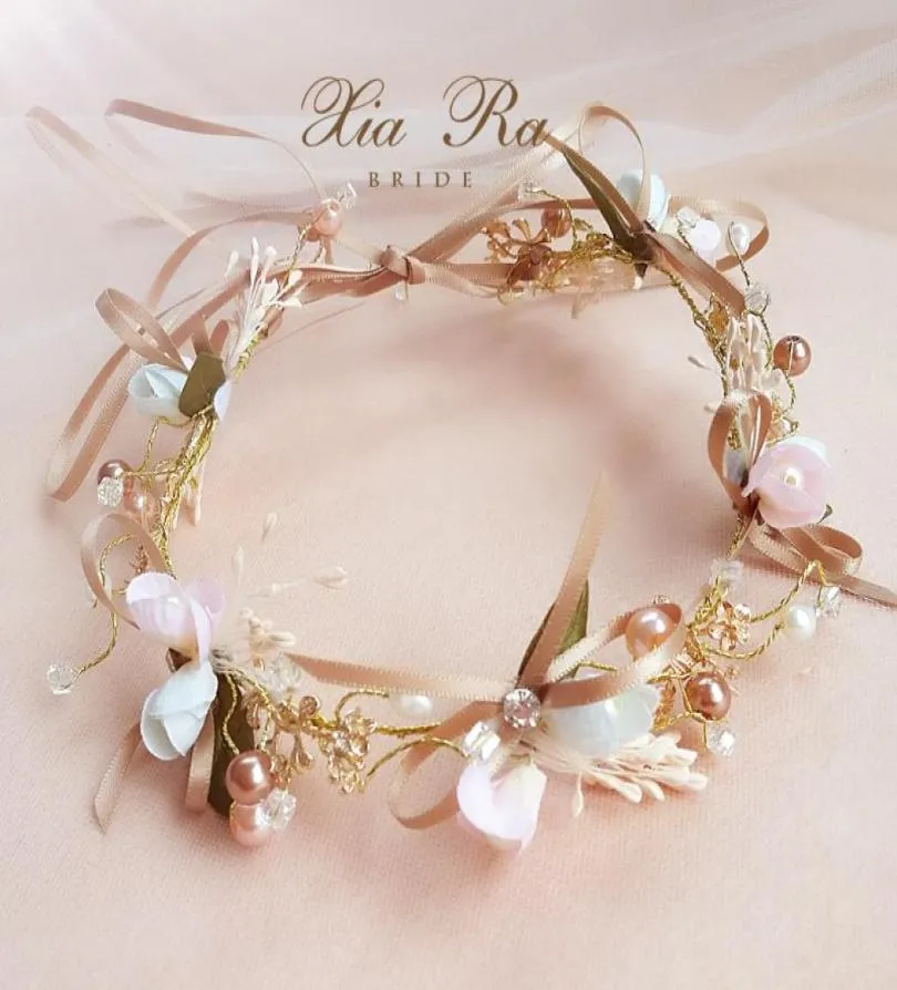 Bridal flower crown handmade girls colorful pearls rhinestones princess wreath boutique children ribbon Bows wedding hair accessor7159452