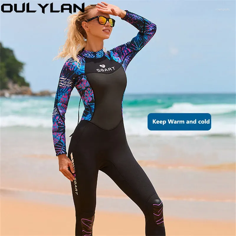 Roupa de banho feminina oulylan moda 3mm neoprene mergulho terno uma peça quente mantendo engrossado volta zíper mergulho natação wetsuit