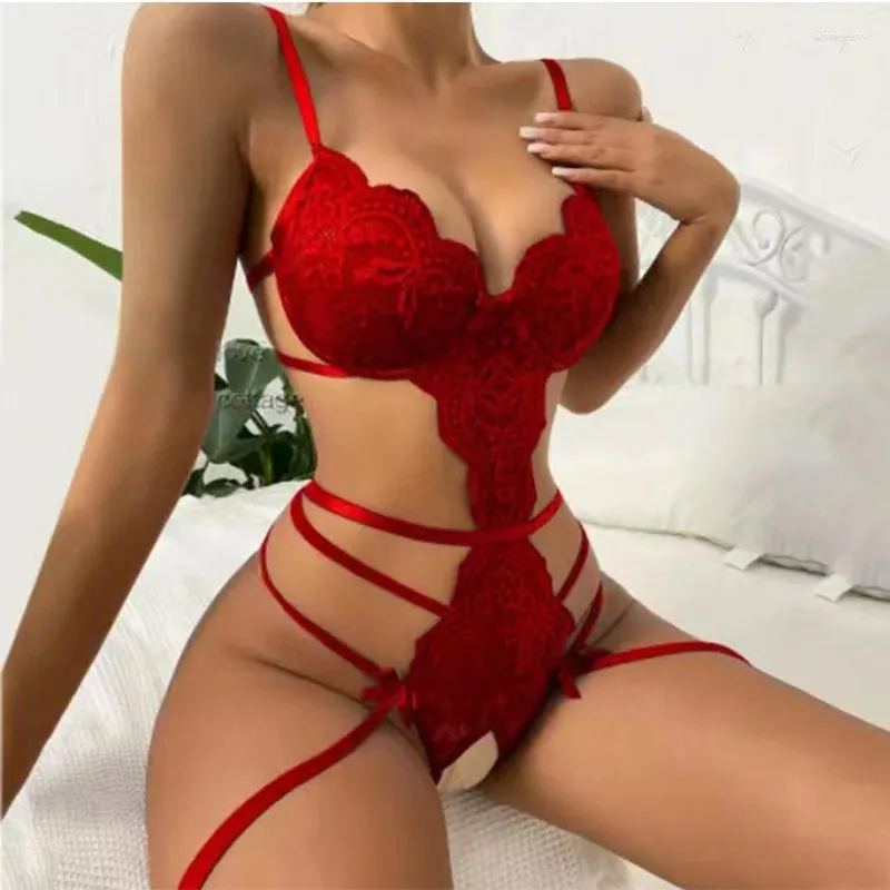 Bras Sets Sexy Babydoll Lingerie Lace Hollow Deep V Open Bra Erotic Costumes Teddy Baby Doll Dress Porn For Women