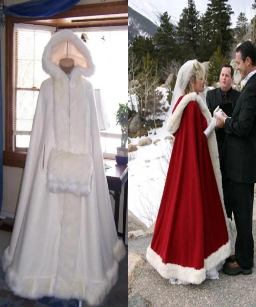 Cape de mariée pas cher ivoire superbes capes de mariage à capuche avec garniture en fausse fourrure longueur cheville rouge blanc parfait pour l'hiver sur mesure Wr6397117