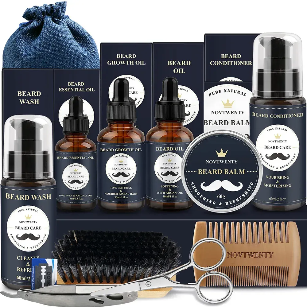 Produtos 10 pçs conjunto de cuidados com a barba soro óleo bálsamo barba pente escova de cerdas tesoura barba óleo crescimento da barba conjunto masculino