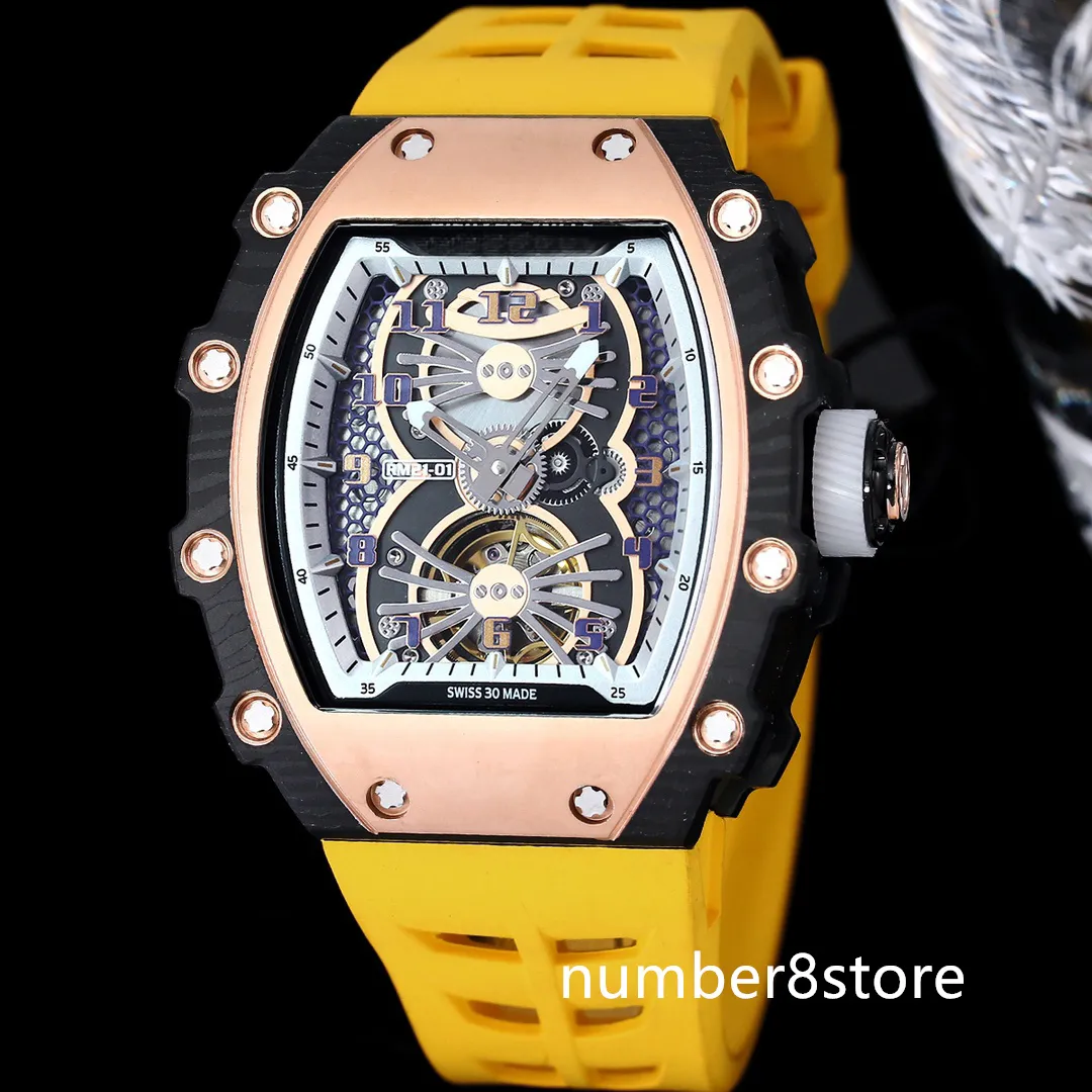 RM21-01 Tourbillon Aerodyne Mens 시계 블랙 카본 로즈 골드 자동 이동 28800VPH Sapphire Crystal Luxury Wristwatch 8 Colors